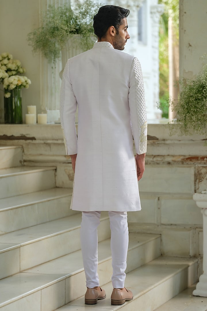 Lavender Raw Silk Bead Embroidered Groom Sherwani Set by Amrit Dawani at Pernia's Pop Up Shop