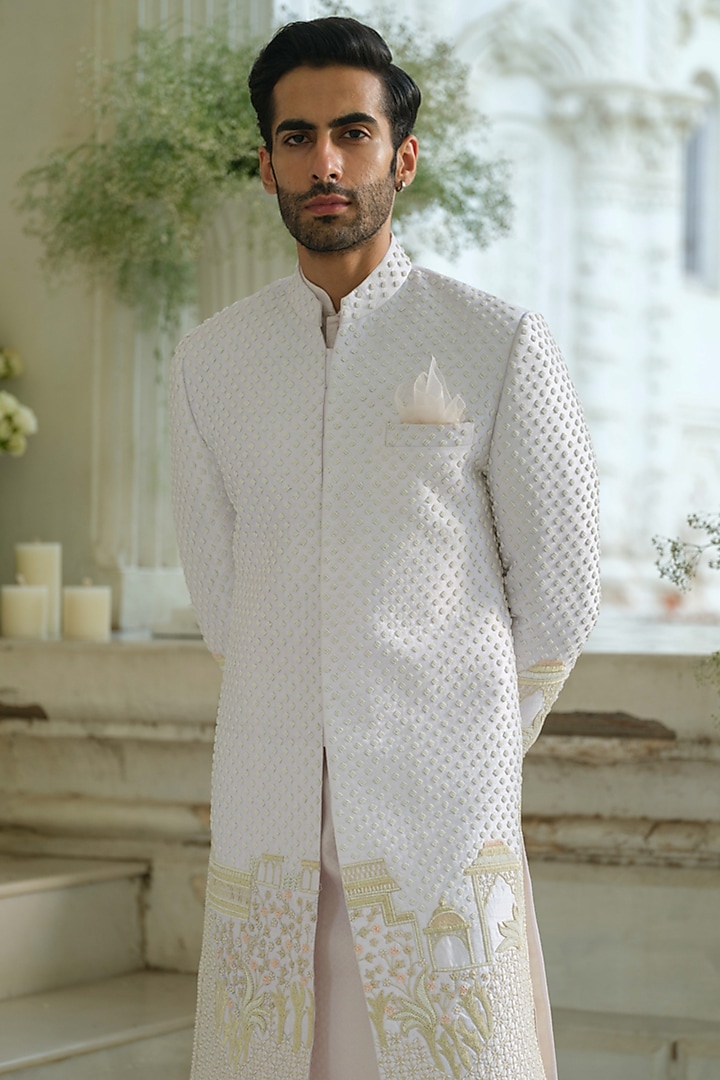 Lavender Raw Silk Bead Embroidered Groom Sherwani Set by Amrit Dawani at Pernia's Pop Up Shop