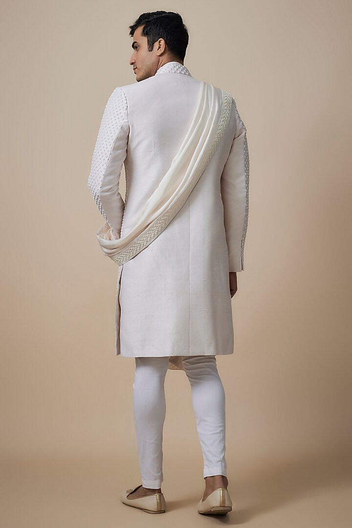 Ivory Raw Silk Bead Embroidered Sherwani Set by Amrit Dawani at Pernia's Pop Up Shop