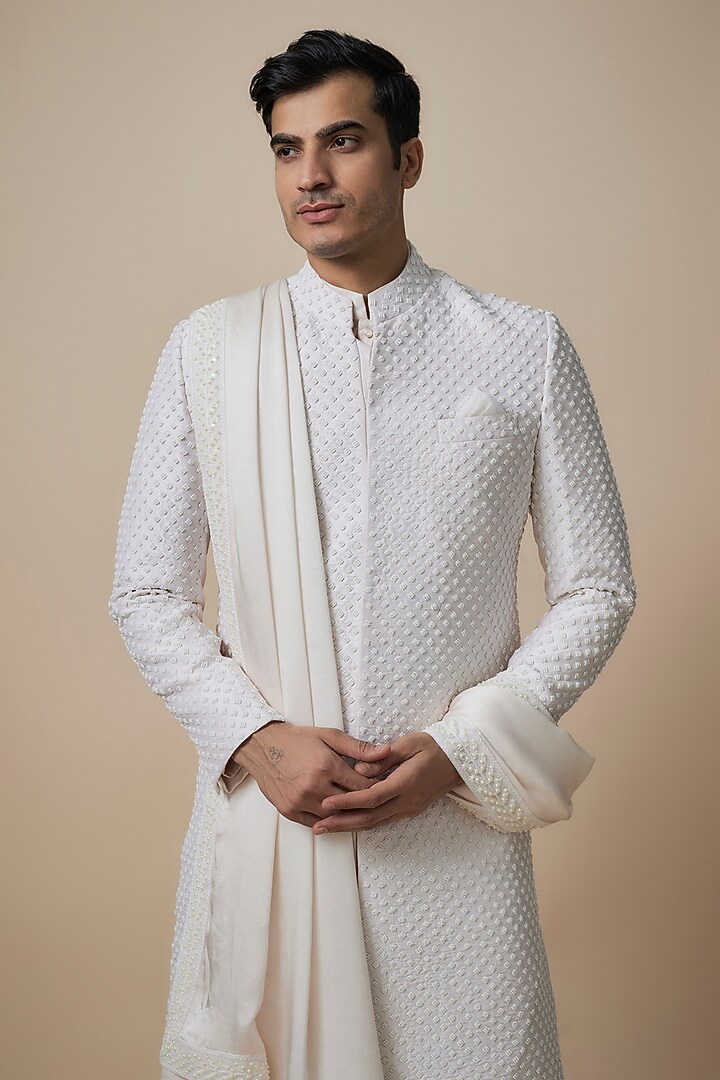 Ivory Raw Silk Bead Embroidered Sherwani Set by Amrit Dawani at Pernia's Pop Up Shop