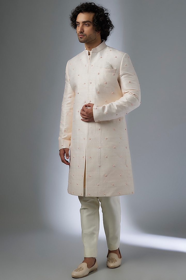 Light Pink Raw Silk Thread Embroidered Sherwani Set by Amrit Dawani at Pernia's Pop Up Shop