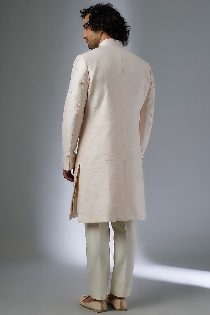 Light Pink Raw Silk Thread Embroidered Sherwani Set by Amrit Dawani at Pernia's Pop Up Shop