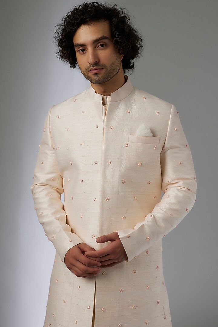 Light Pink Raw Silk Thread Embroidered Sherwani Set by Amrit Dawani at Pernia's Pop Up Shop