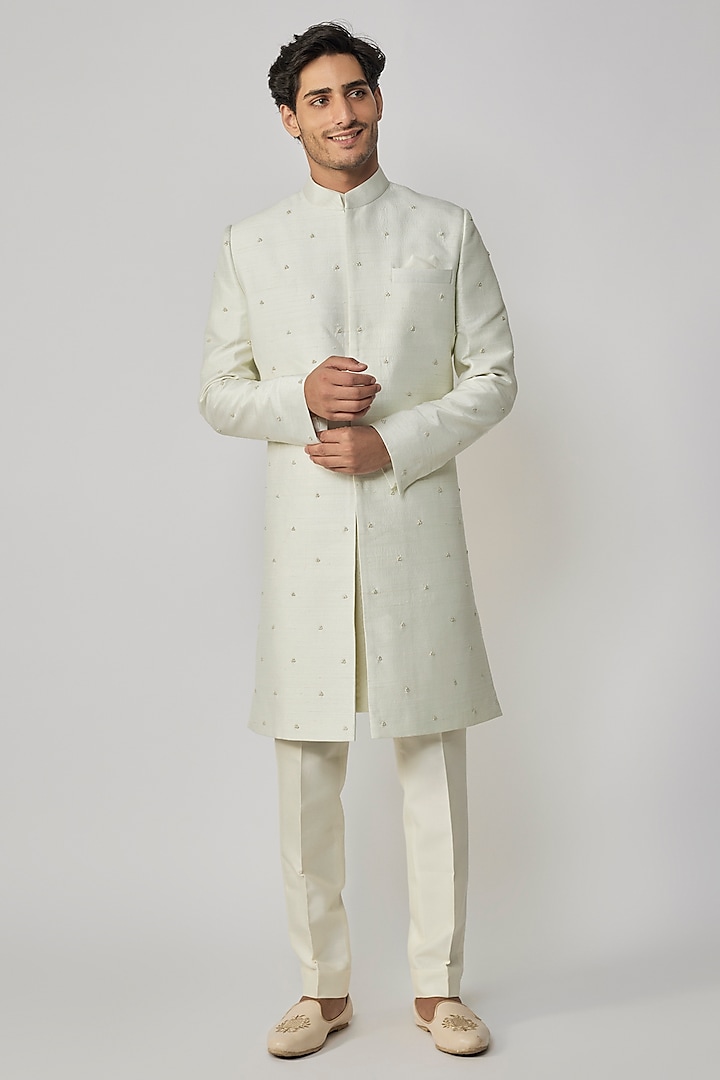 Mint Raw Silk Thread Embroidered Sherwani Set by Amrit Dawani