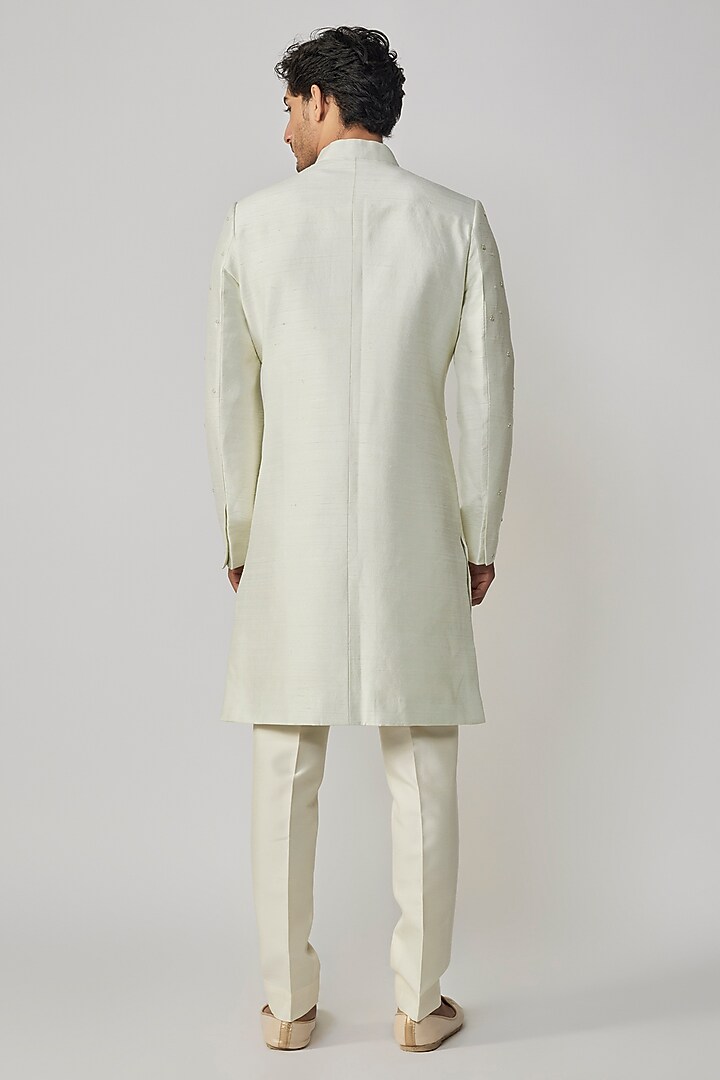 Mint Raw Silk Thread Embroidered Sherwani Set by Amrit Dawani at Pernia's Pop Up Shop