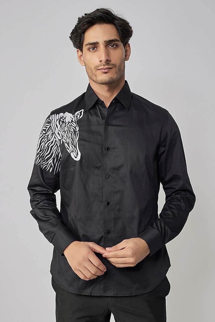 Black Cotton Motif Embroidered Shirt by Amrit Dawani