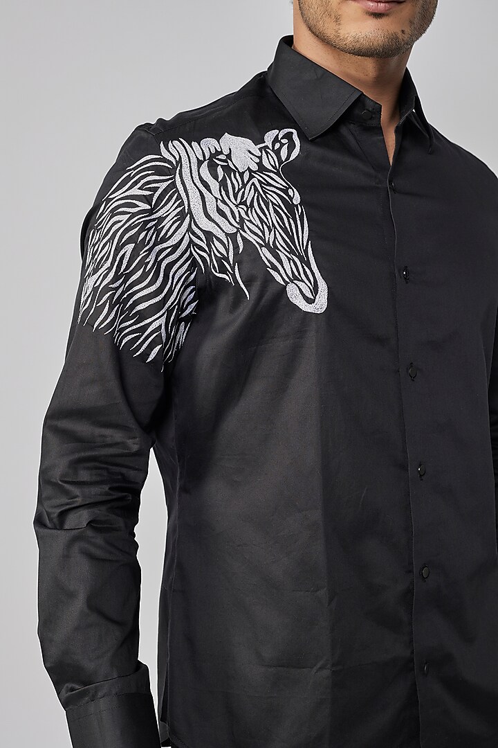 Black Cotton Motif Embroidered Party Wear Shirt by Amrit Dawani at Pernia's Pop Up Shop