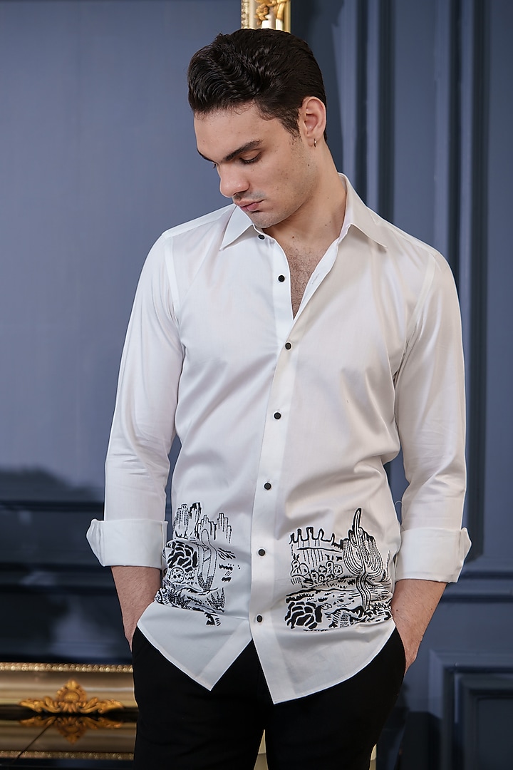 White Cotton Embroidered Shirt by Amrit Dawani