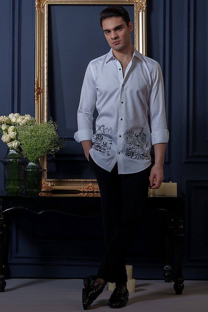 White Cotton Embroidered Party Wear Shirt by Amrit Dawani at Pernia's Pop Up Shop
