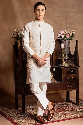 Ivory Cotton Silk Embroidered Bundi Set by Amrit Dawani