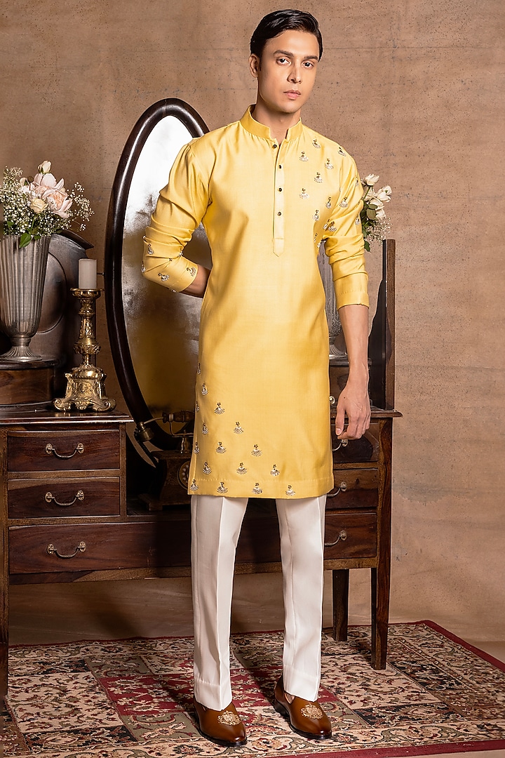 Yellow Cotton Silk Embroidered Kurta Set by Amrit Dawani