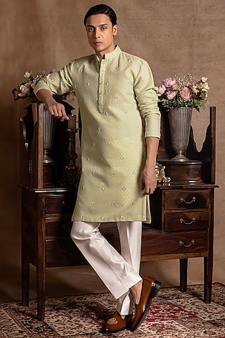 Mint Green Self Chanderi Kurta Set by Amrit Dawani
