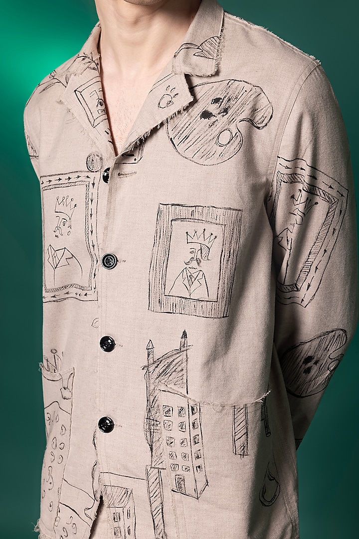 Beige Tanzanian Linen Printed Jacket by Amrit Dawani at Pernia's Pop Up Shop