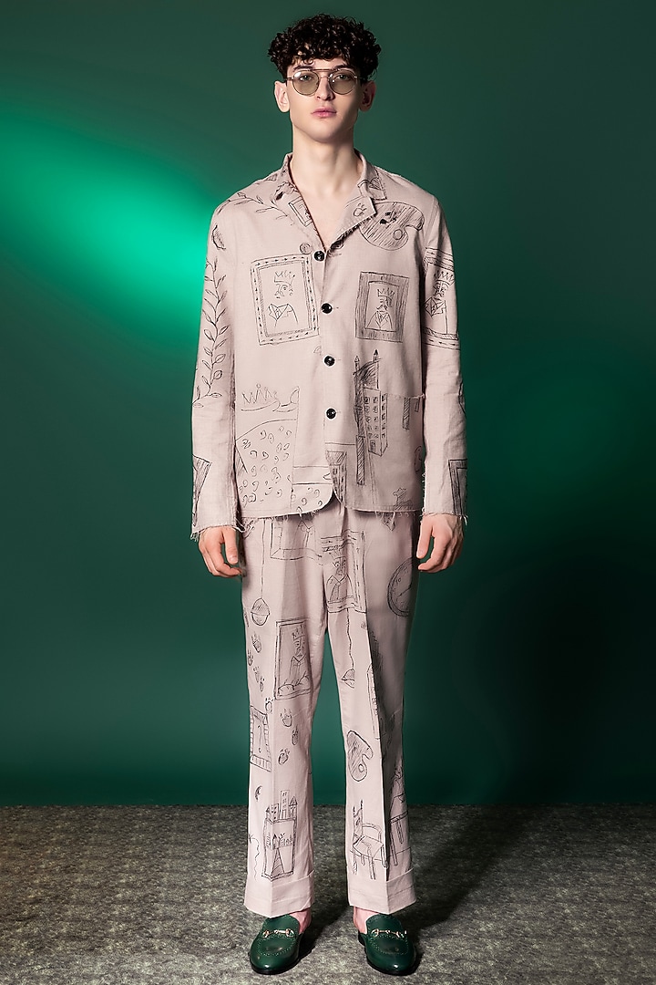 Beige Tanzanian Linen Printed Pants by Amrit Dawani at Pernia's Pop Up Shop