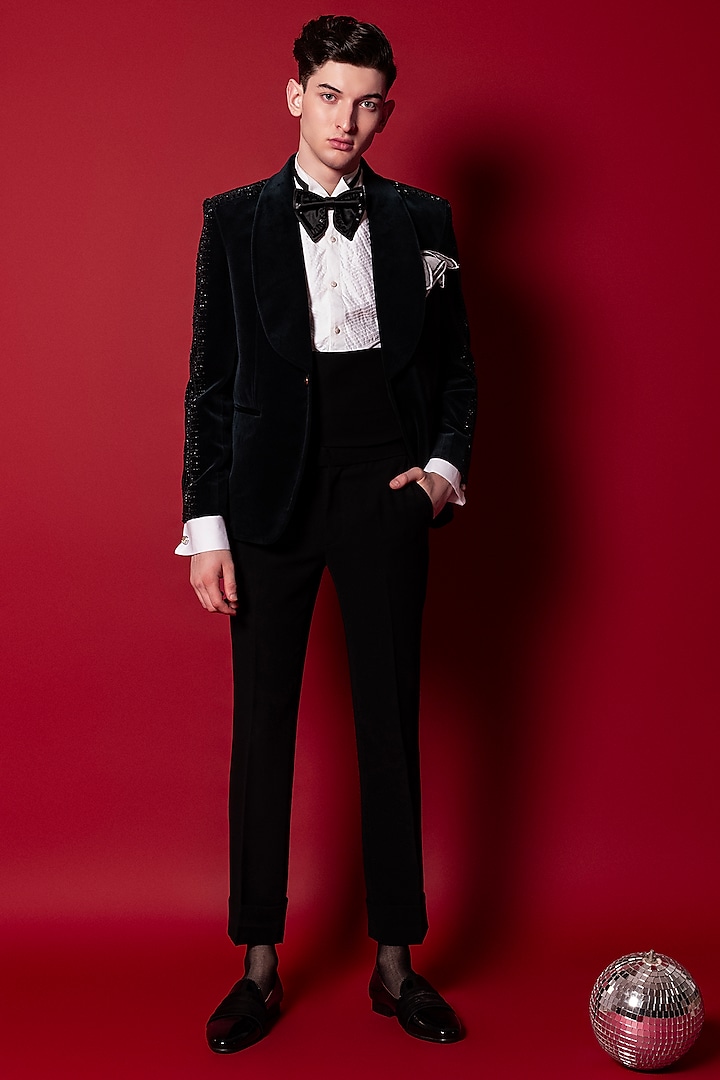 Black Premium Velvet Tuxedo Set by Amrit Dawani