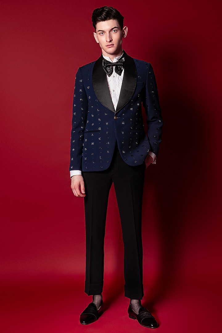 Navy Blue Polyester Tuxedo Set by Amrit Dawani at Pernia's Pop Up Shop