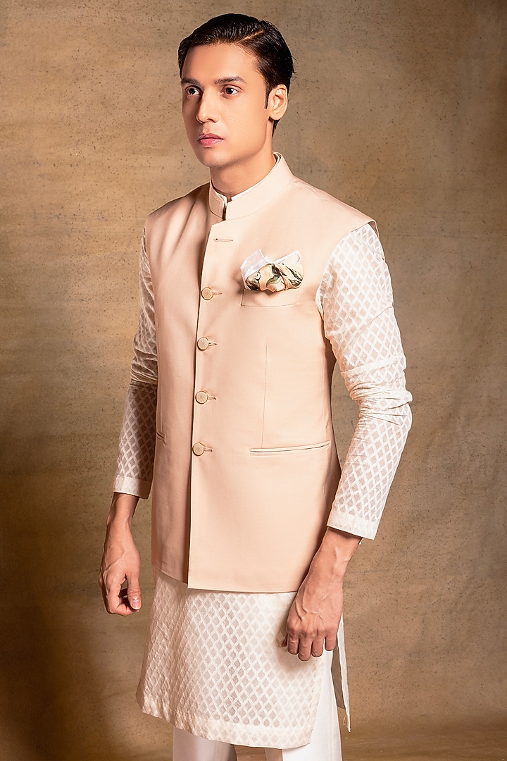 Pale Peach Italian Polywool Bundi Jacket Set by Amrit Dawani at Pernia's Pop Up Shop