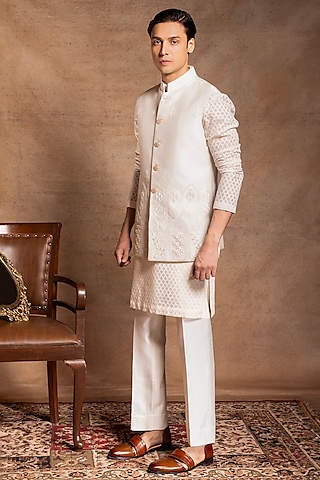 Ivory Cotton Silk Bundi Jacket Set by Amrit Dawani