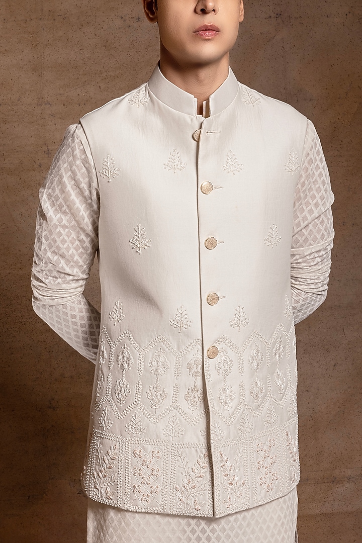 Ivory Cotton Silk Bundi Jacket Set by Amrit Dawani at Pernia's Pop Up Shop