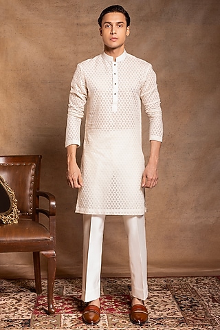White Self Chanderi Kurta Set by Amrit Dawani
