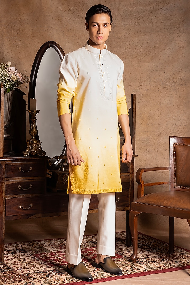 White & Yellow Ombre Cotton Silk Kurta Set by Amrit Dawani