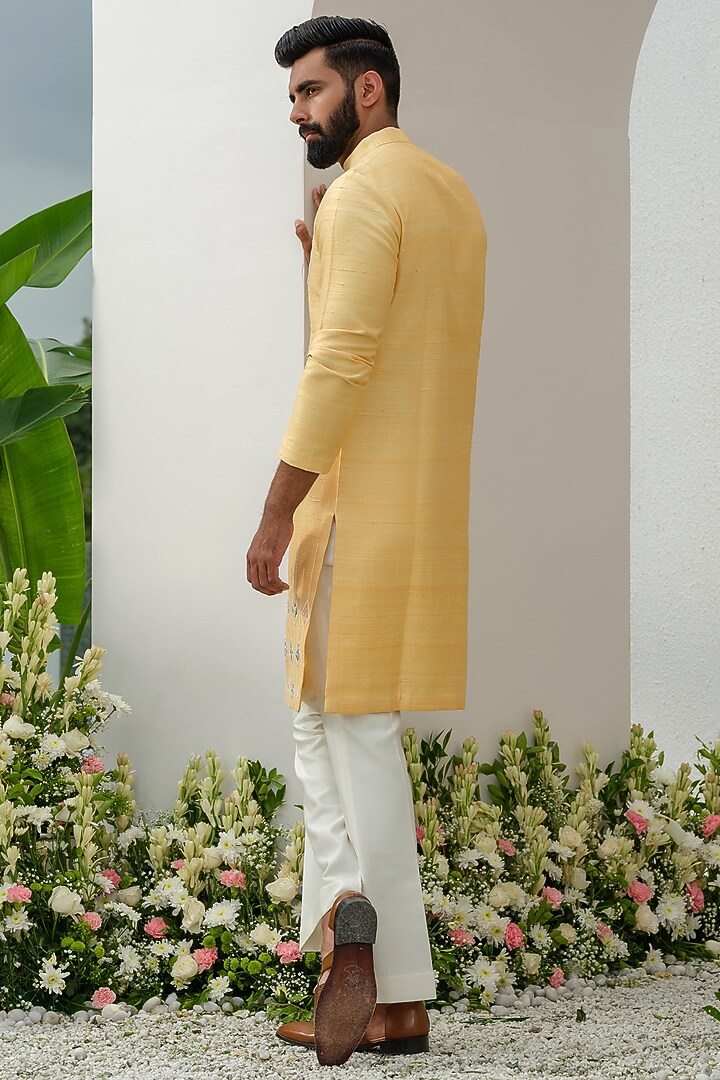 Yellow Raw Silk Hand Embroidered Kurta Set by Amrit Dawani at Pernia's Pop Up Shop