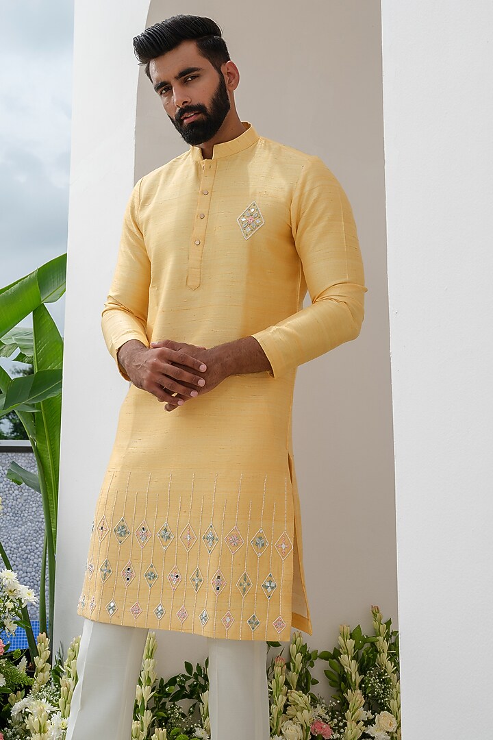 Yellow Raw Silk Hand Embroidered Kurta Set by Amrit Dawani at Pernia's Pop Up Shop