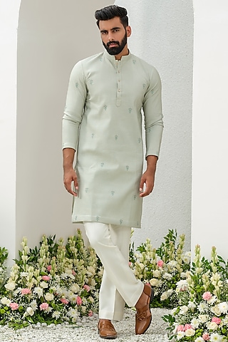 Mint Green Cotton Silk Embroidered Kurta Set by Amrit Dawani