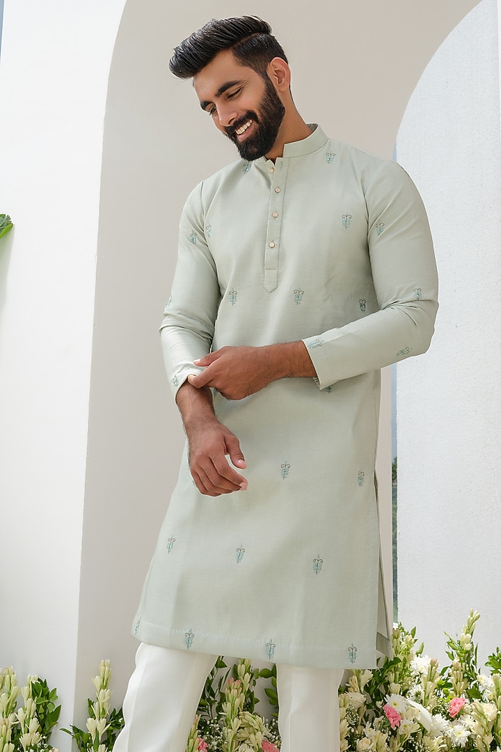 Mint Green Cotton Silk Embroidered Kurta Set by Amrit Dawani at Pernia's Pop Up Shop