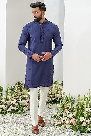 Navy Blue Cotton Silk Embroidered Kurta Set by Amrit Dawani