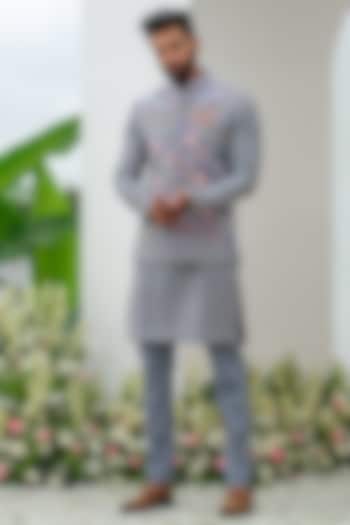 Grey Polyester Hand Painted Bundi Jacket Set by Amrit Dawani