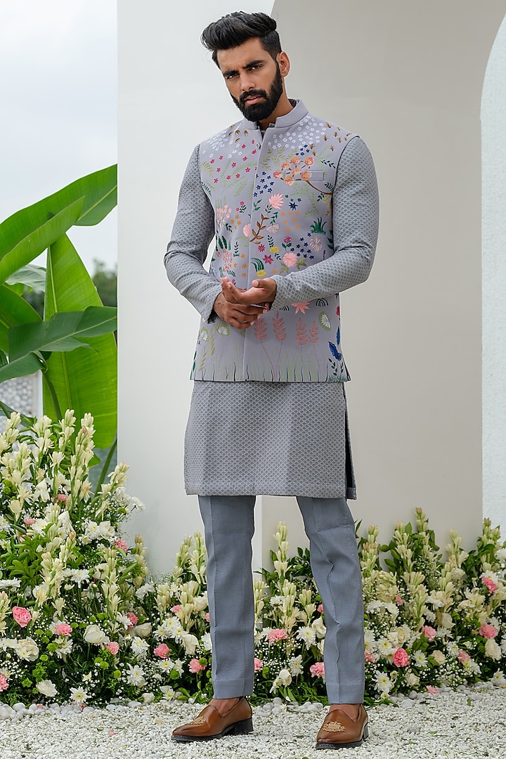 Grey Polyester Hand Painted Bundi Jacket Set by Amrit Dawani
