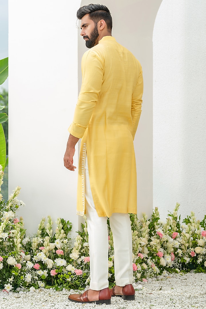 Yellow Cotton Embroidered Kurta Set by Amrit Dawani at Pernia's Pop Up Shop