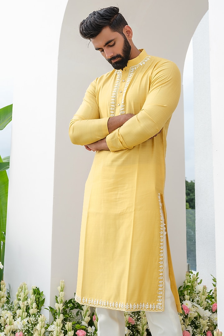 Yellow Cotton Embroidered Kurta Set by Amrit Dawani at Pernia's Pop Up Shop