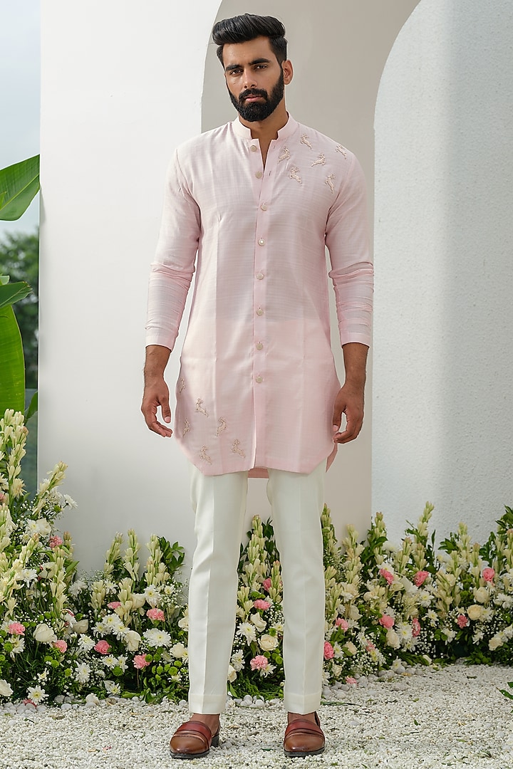 Light Pink Cotton Short Kurta Set by Amrit Dawani