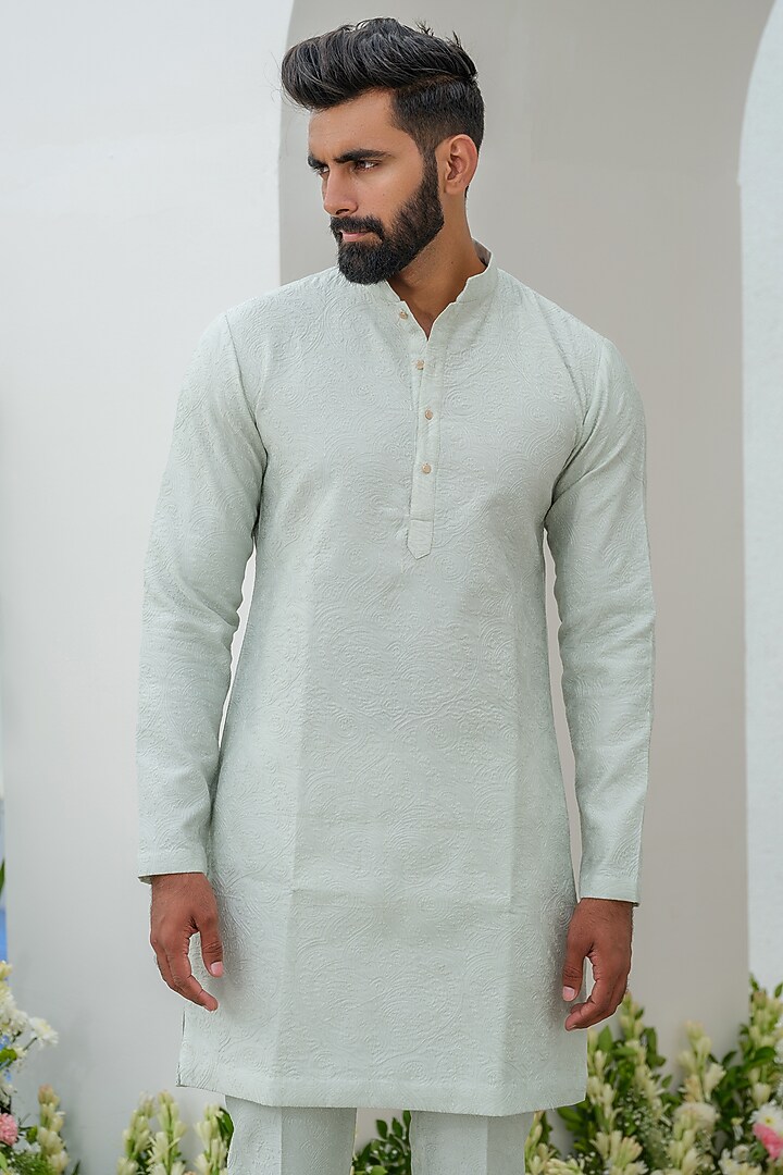 Mint Green Cotton Self Embroidered Kurta Set by Amrit Dawani at Pernia's Pop Up Shop
