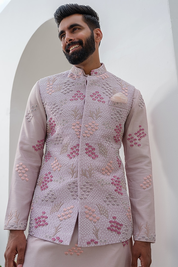 Moondust Raw Silk Hand Embroidered Bundi Jacket Set by Amrit Dawani at Pernia's Pop Up Shop