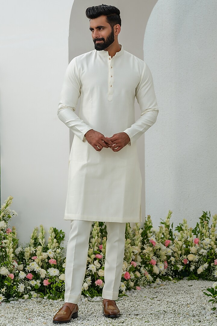 Ivory Cotton Silk Hand Embroidered Bundi Jacket Set by Amrit Dawani at Pernia's Pop Up Shop