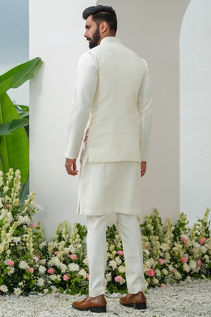 Ivory Cotton Silk Hand Embroidered Bundi Jacket Set by Amrit Dawani at Pernia's Pop Up Shop