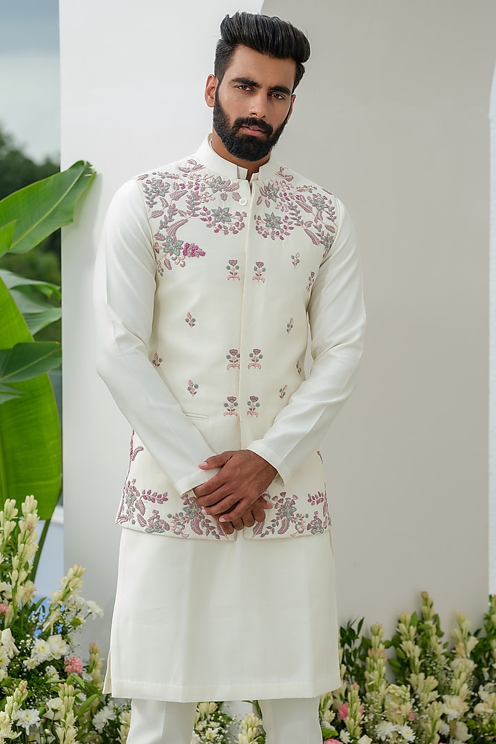 Ivory Cotton Silk Hand Embroidered Bundi Jacket Set by Amrit Dawani
