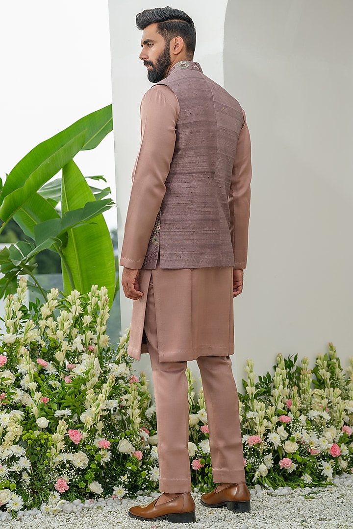 Bronze Raw Silk Hand Embroidered Bundi Jacket Set by Amrit Dawani at Pernia's Pop Up Shop