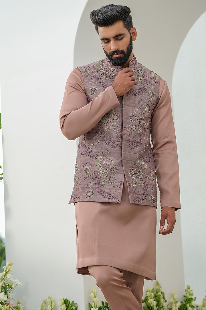 Bronze Raw Silk Hand Embroidered Bundi Jacket Set by Amrit Dawani at Pernia's Pop Up Shop