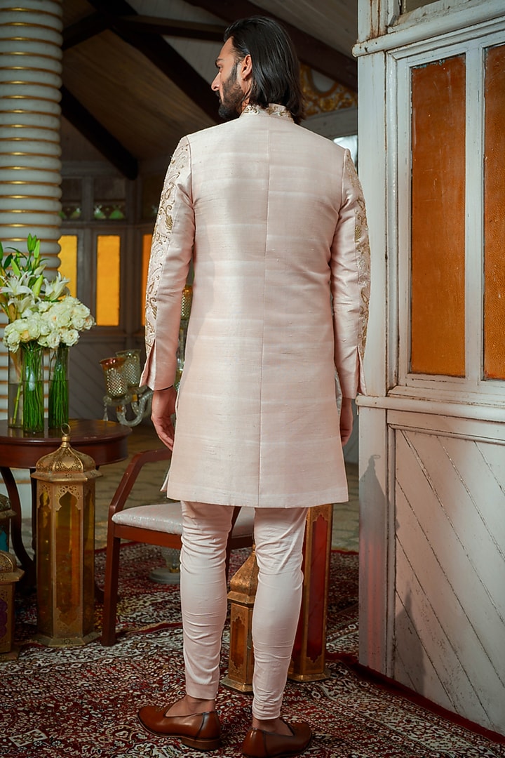 Rose Gold Raw Silk Floral & Beads Embroidered Groom Sherwani Set by Amrit Dawani at Pernia's Pop Up Shop