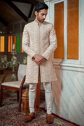 Rose Gold Raw Silk Motif & Beads Embroidered Sherwani Set by Amrit Dawani