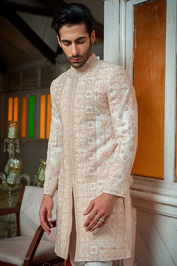 Rose Gold Raw Silk Motif & Beads Embroidered Groom Sherwani Set by Amrit Dawani at Pernia's Pop Up Shop
