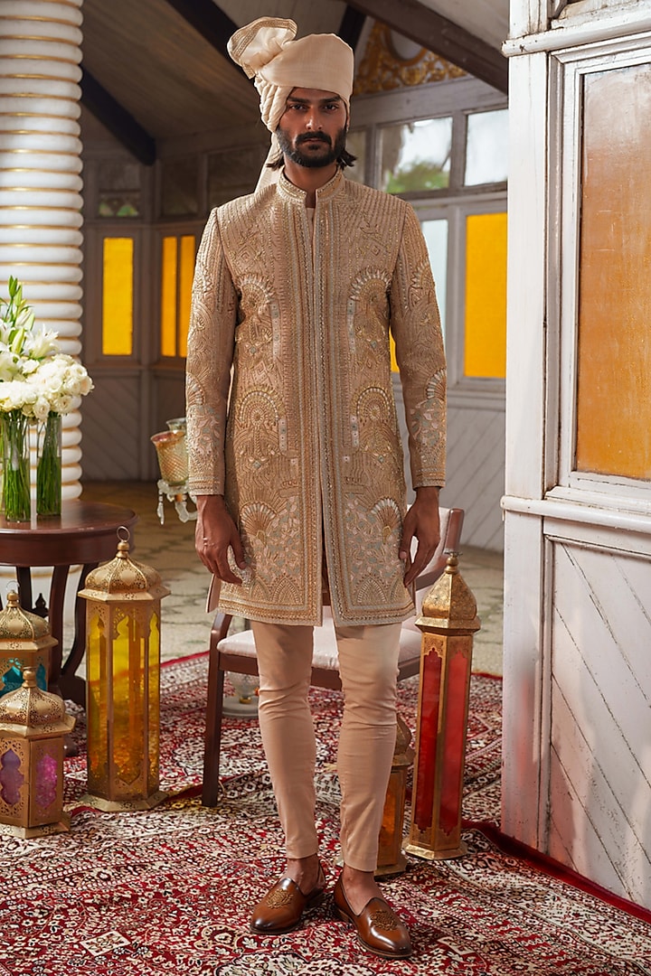 Gold Raw Silk Zardosi Embroidered Groom Sherwani Set by Amrit Dawani at Pernia's Pop Up Shop