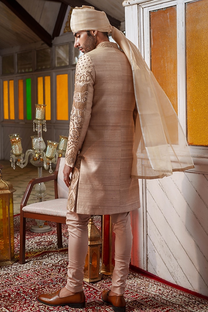 Gold Raw Silk Zardosi & Zari Embroidered Groom Sherwani Set by Amrit Dawani at Pernia's Pop Up Shop