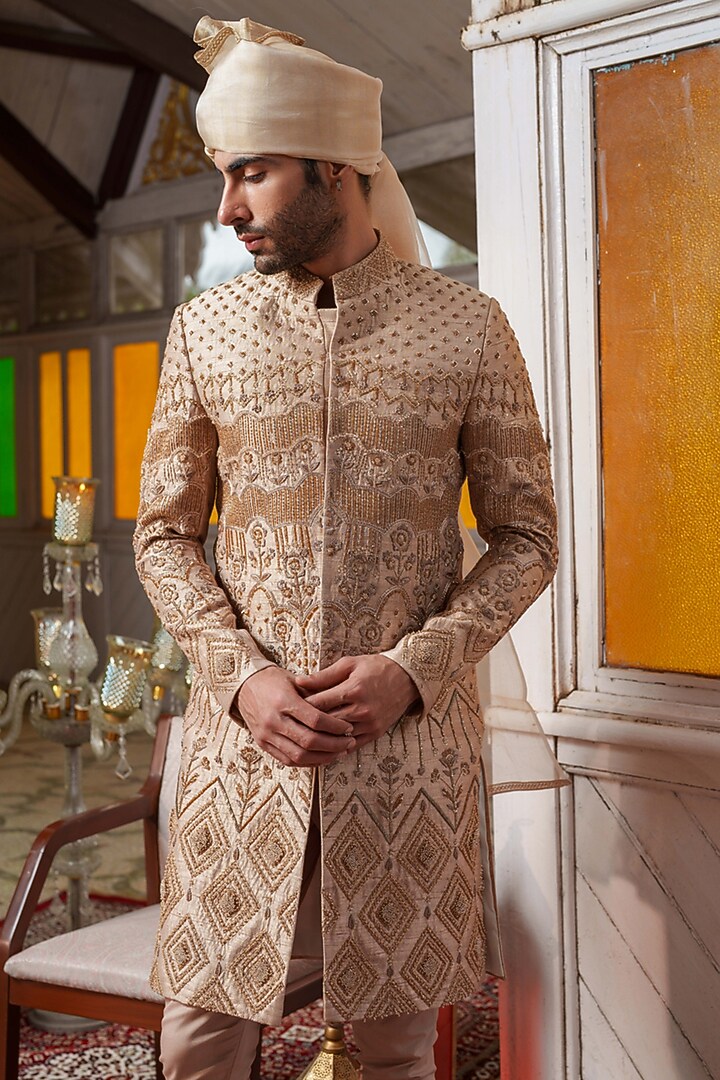 Gold Raw Silk Zardosi & Zari Embroidered Groom Sherwani Set by Amrit Dawani at Pernia's Pop Up Shop