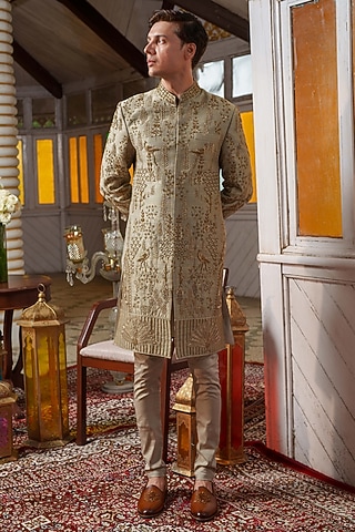 Olive Green Raw Silk Zari & Resham Embroidered Sherwani Set by Amrit Dawani