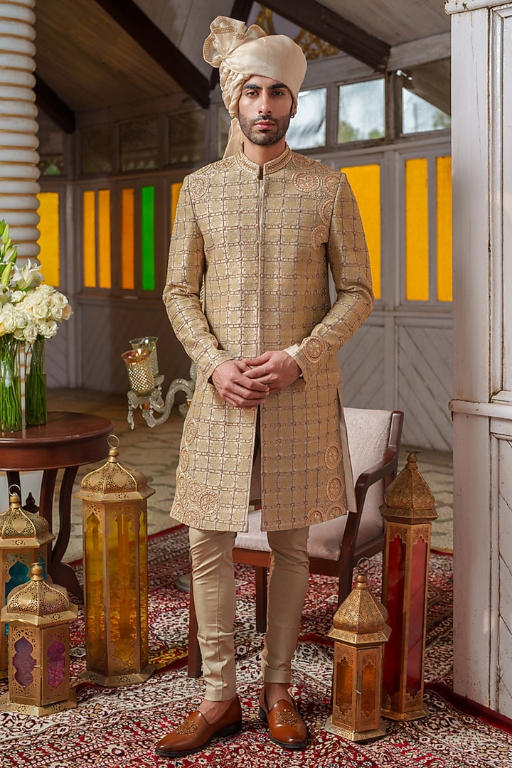 Olive Green Raw Silk Beads & Resham Embroidered Groom Sherwani Set by Amrit Dawani at Pernia's Pop Up Shop